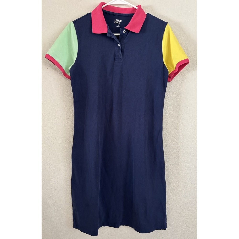 Lands' End Women's Small 6-8 Navy Colorblock Polo Shirt Dress Cotton Stretch